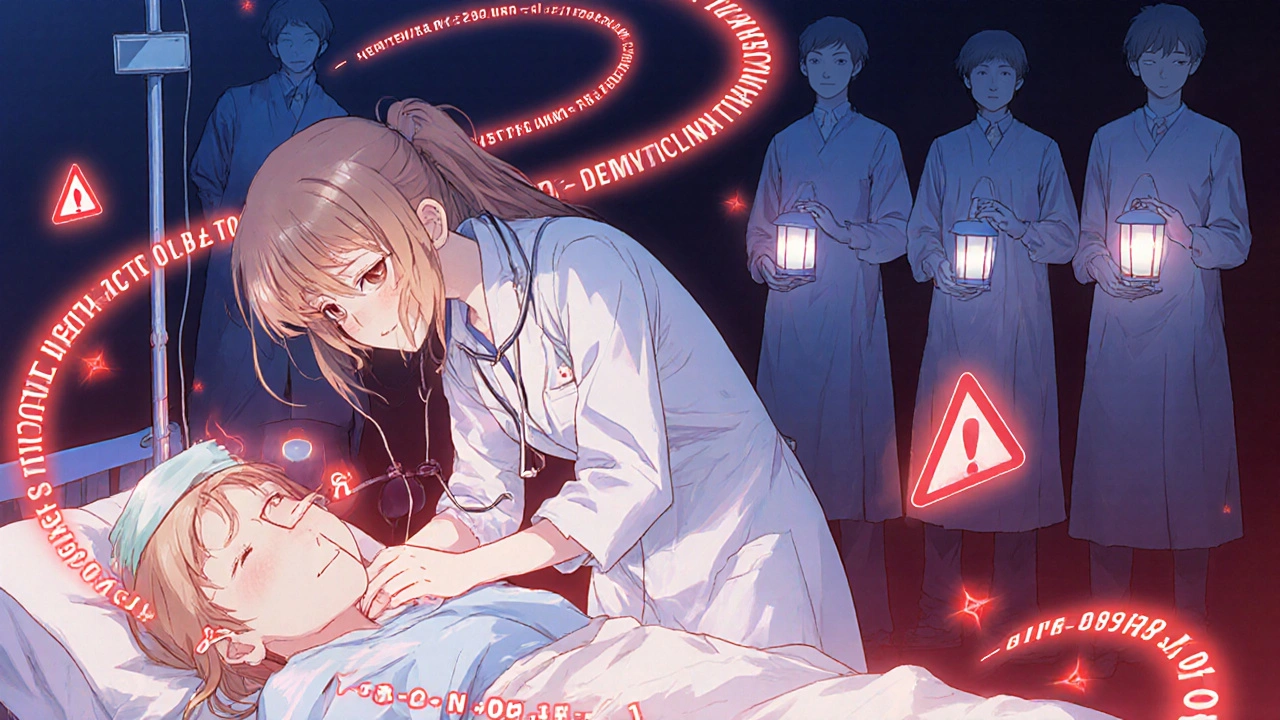 A patient in emergency care receiving IV saline, with warning runes glowing as calm treatment alternatives stand nearby in anime style.
