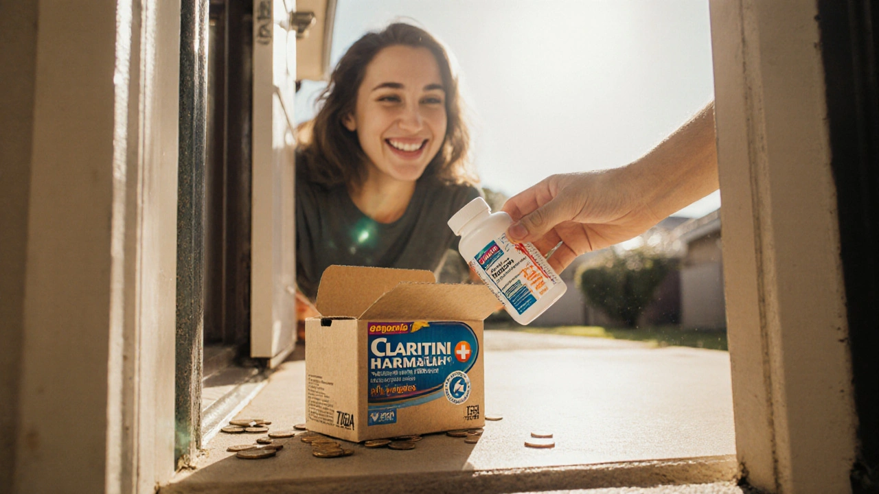 Adult opening a parcel on a doorstep, revealing Claritin bottle and feeling relieved.