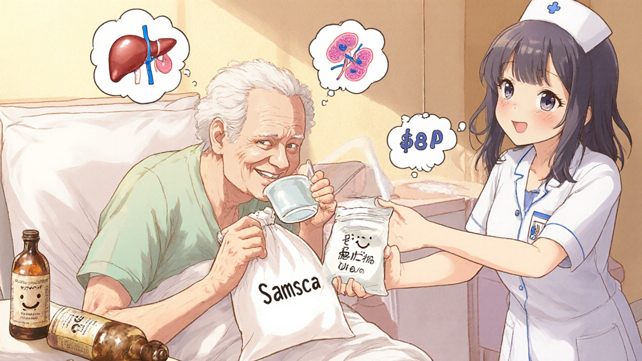 An elderly patient smiling while taking urea, with a cheap price tag floating beside them in warm hospital light.