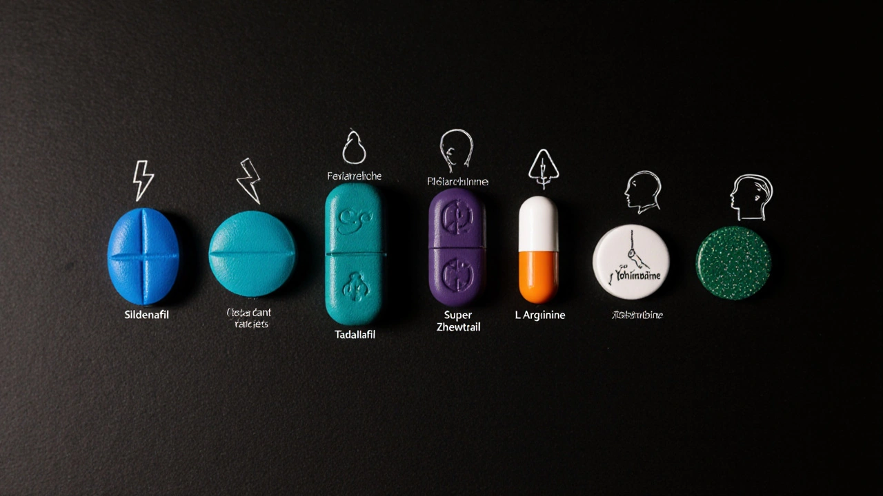 Assortment of ED and PE pills with subtle side‑effect symbols.