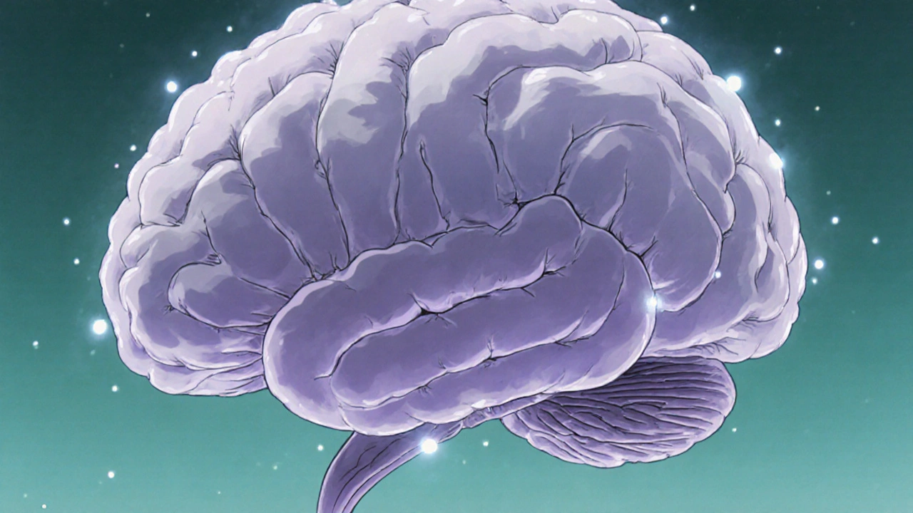 Brain illustration showing shrunken prefrontal cortex and hippocampus with glowing inflammation.
