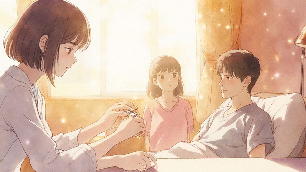 Clinician offering thiamine to patient, surrounded by hopeful sunrise lighting.