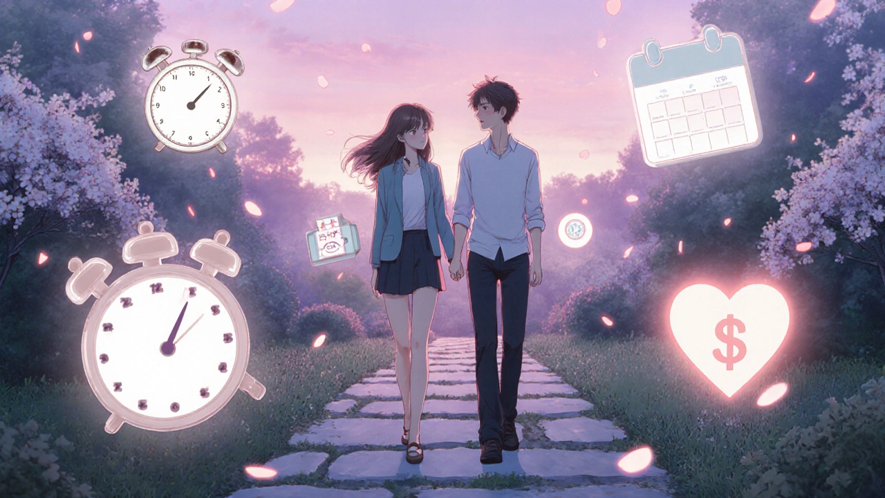 Couple walking through a garden with floating icons for different ED pills, showing onset, duration, and cost.