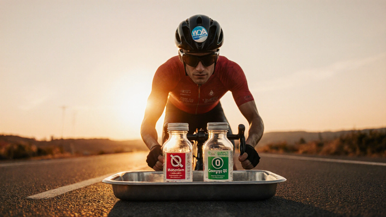 Cyclist on sunrise road with bottles of Meldonium, CoQ10, and an empty slot on a doping tray.