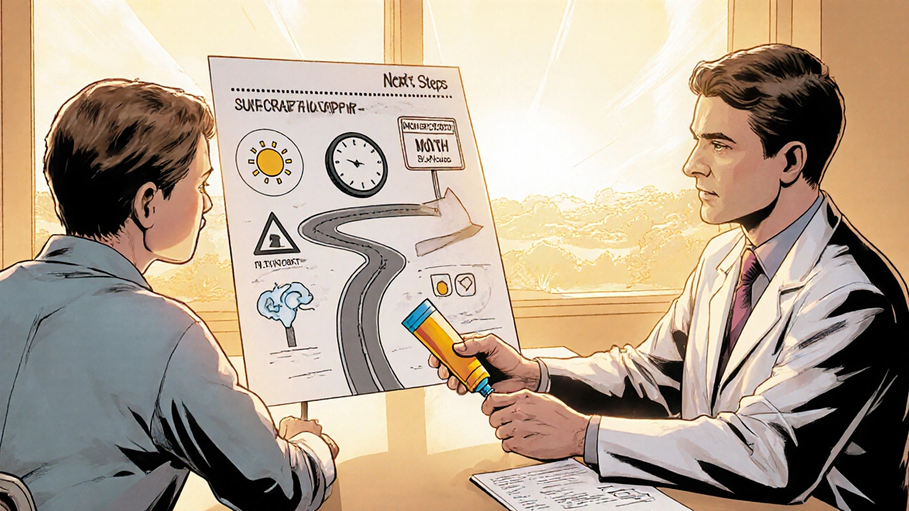 Dermatologist and patient reviewing a roadmap with sunscreen and follow‑up icons.