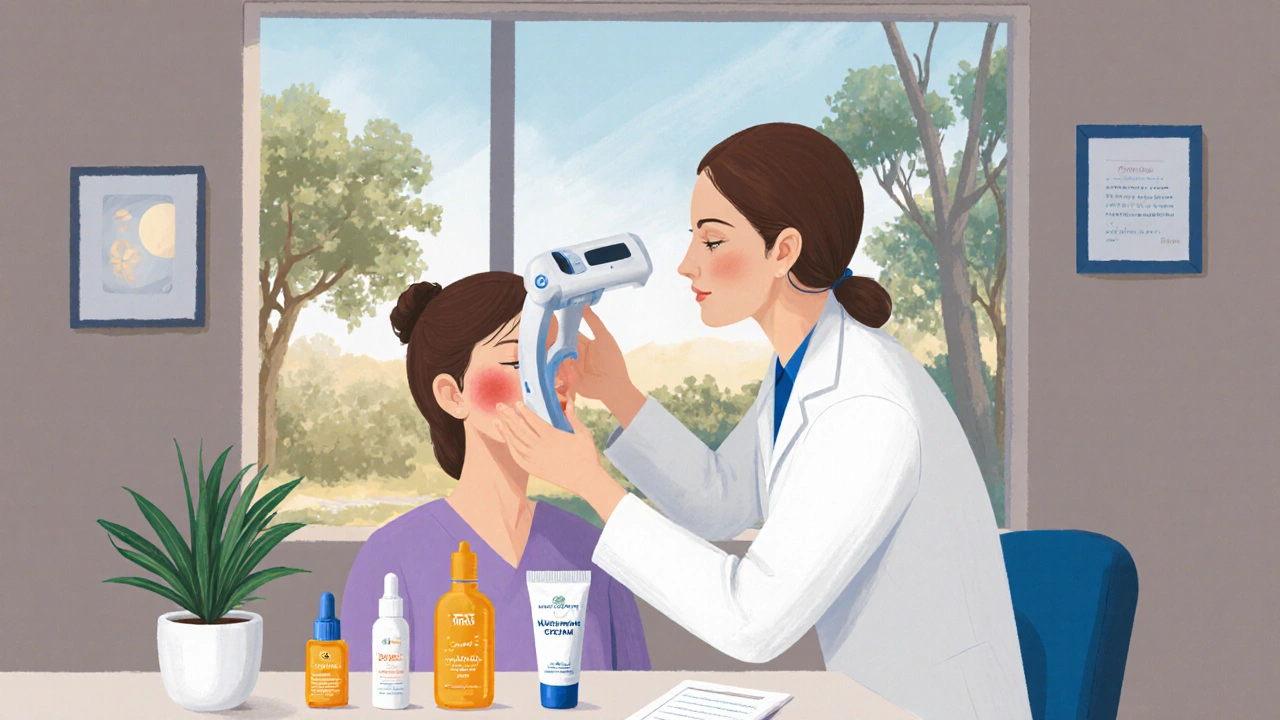 Dermatologist examining patient’s melasma with skincare products displayed.
