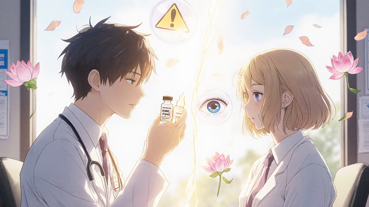 Doctor and patient comparing eye drop vials with symbolic icons of risk and safety in a sunlit clinic.
