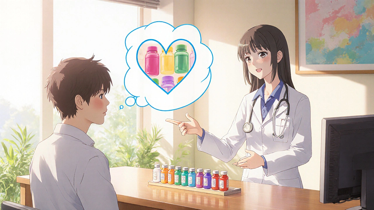 Doctor and patient discussing medication beside a shelf of colorful pills.