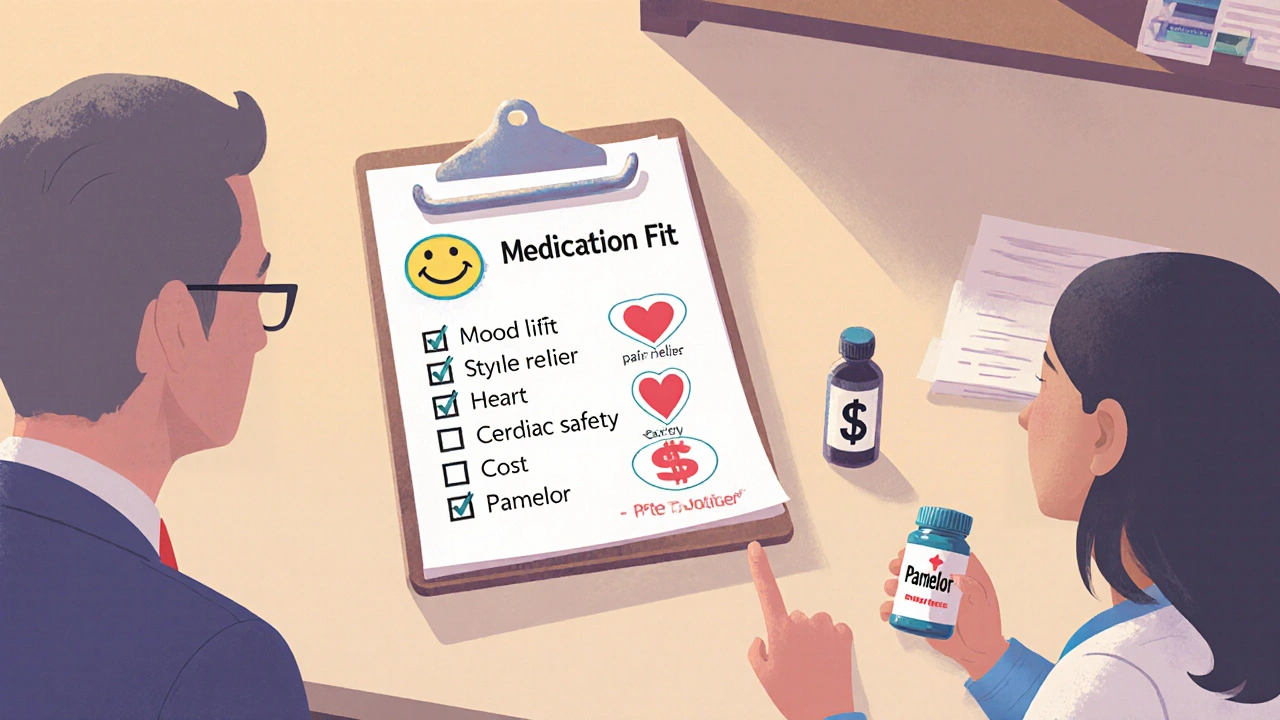 Doctor and patient review a medication checklist with icons for mood, pain, heart, cost, and side effects.
