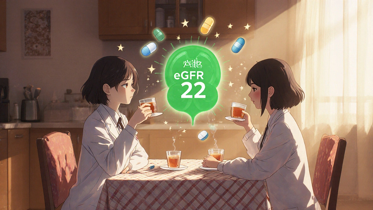 Doctor and patient sharing tea with glowing kidney icon and medication pills orbiting between them.