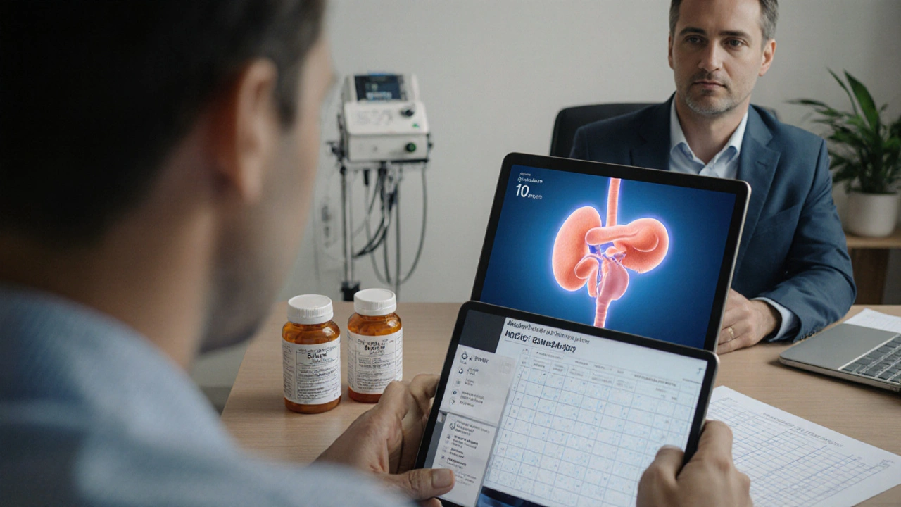 Doctor consulting a patient with medication bottles and a symptom‑tracking notebook.