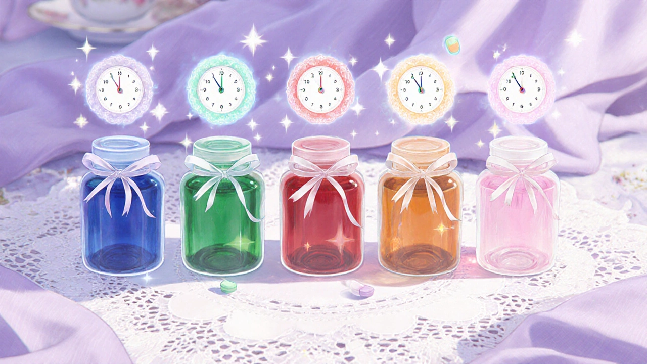 Five colorful pill bottles arranged on a lace table with tiny clock icons.