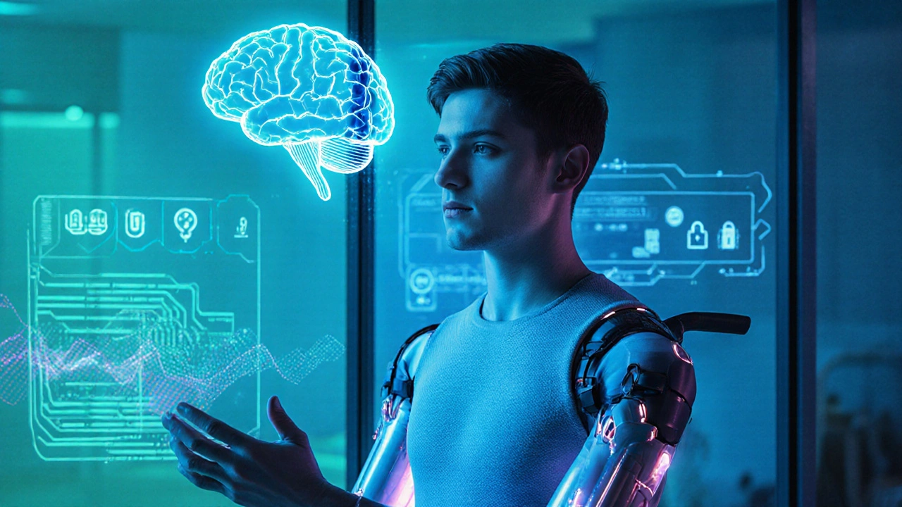 Futuristic rehab studio with a soft exosuit, brain‑computer interface, and AI‑adjusted assistance.