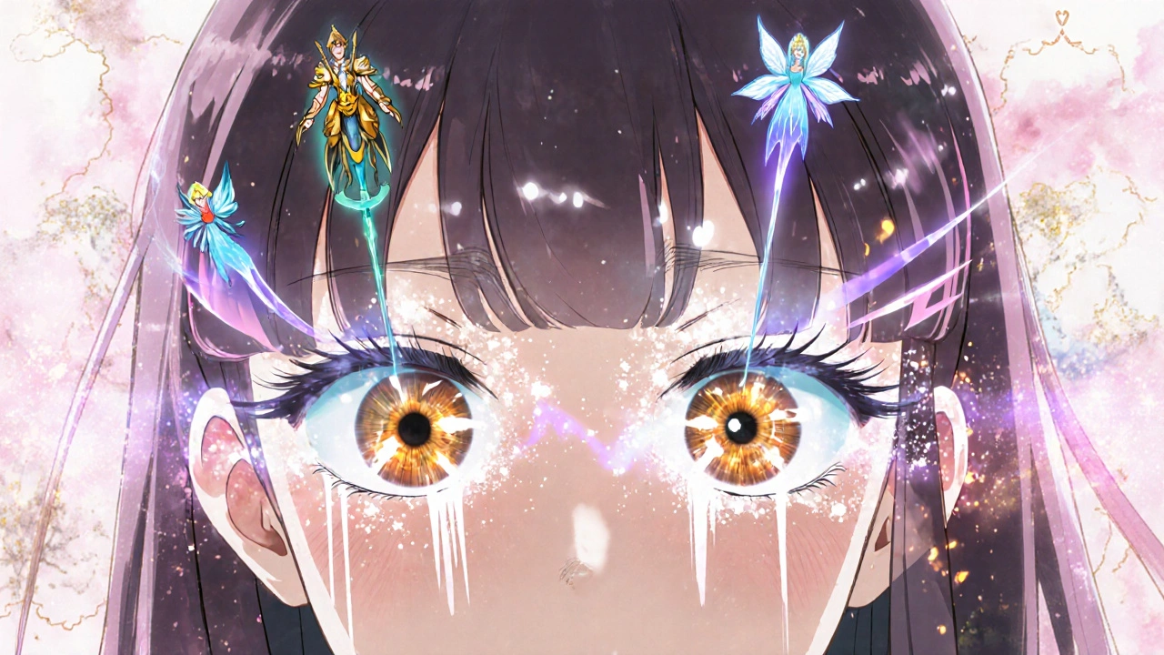 Girl with closed eyes surrounded by four ethereal treatment spirits representing different eye therapies.