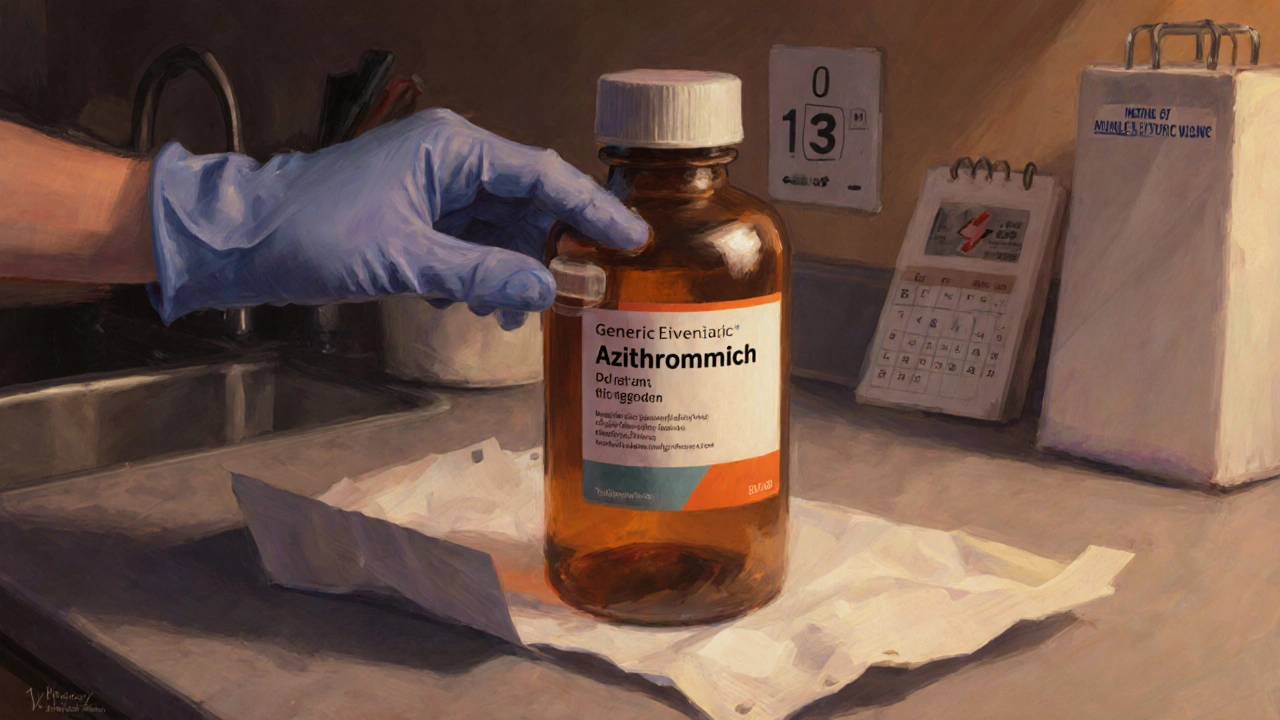 Hand inspecting a newly delivered bottle of generic azithromycin on a kitchen counter.