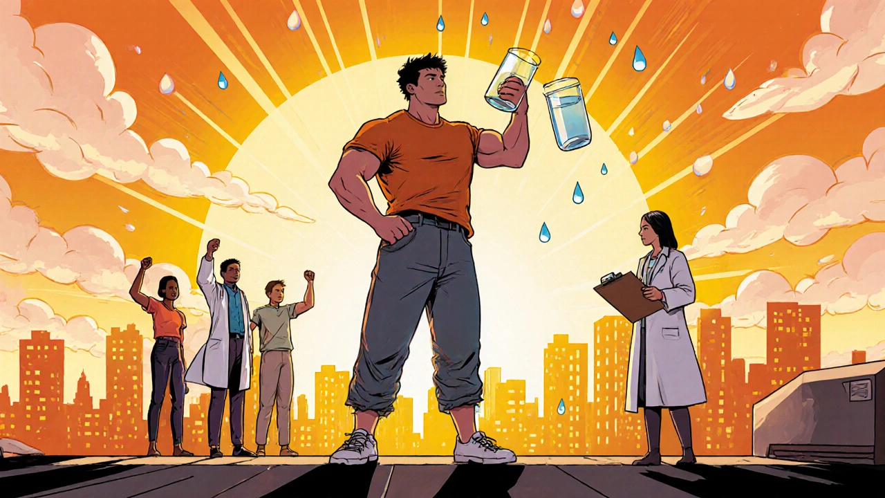 Heroic figure on rooftop with doctor and support group, sunrise symbols of recovery.