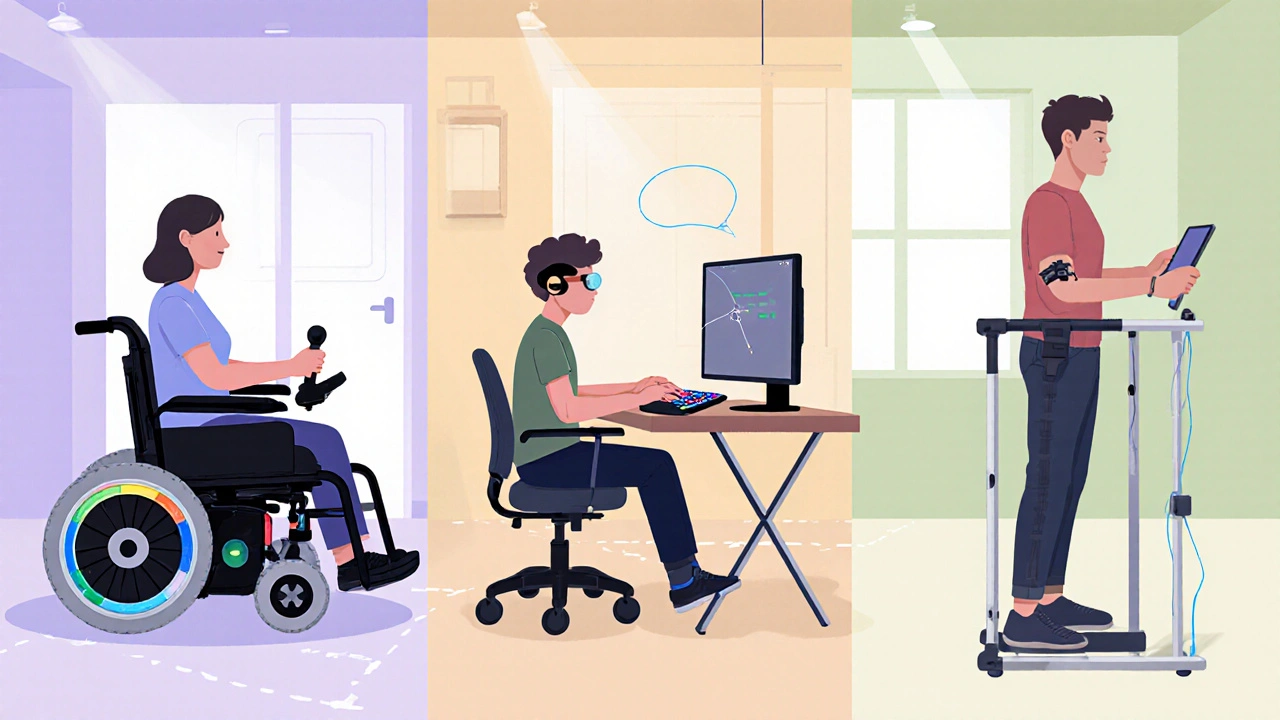 Home therapy space showing powered wheelchair, adaptive keyboard with eye‑gaze system, and standing frame with sensors.