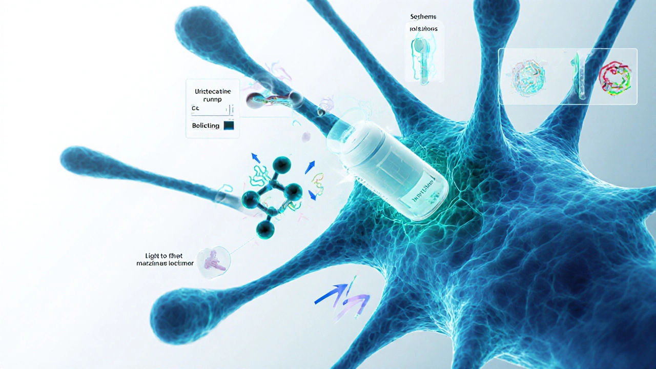 Illustrated brain synapse showing nortriptyline blocking reuptake of norepinephrine and serotonin.