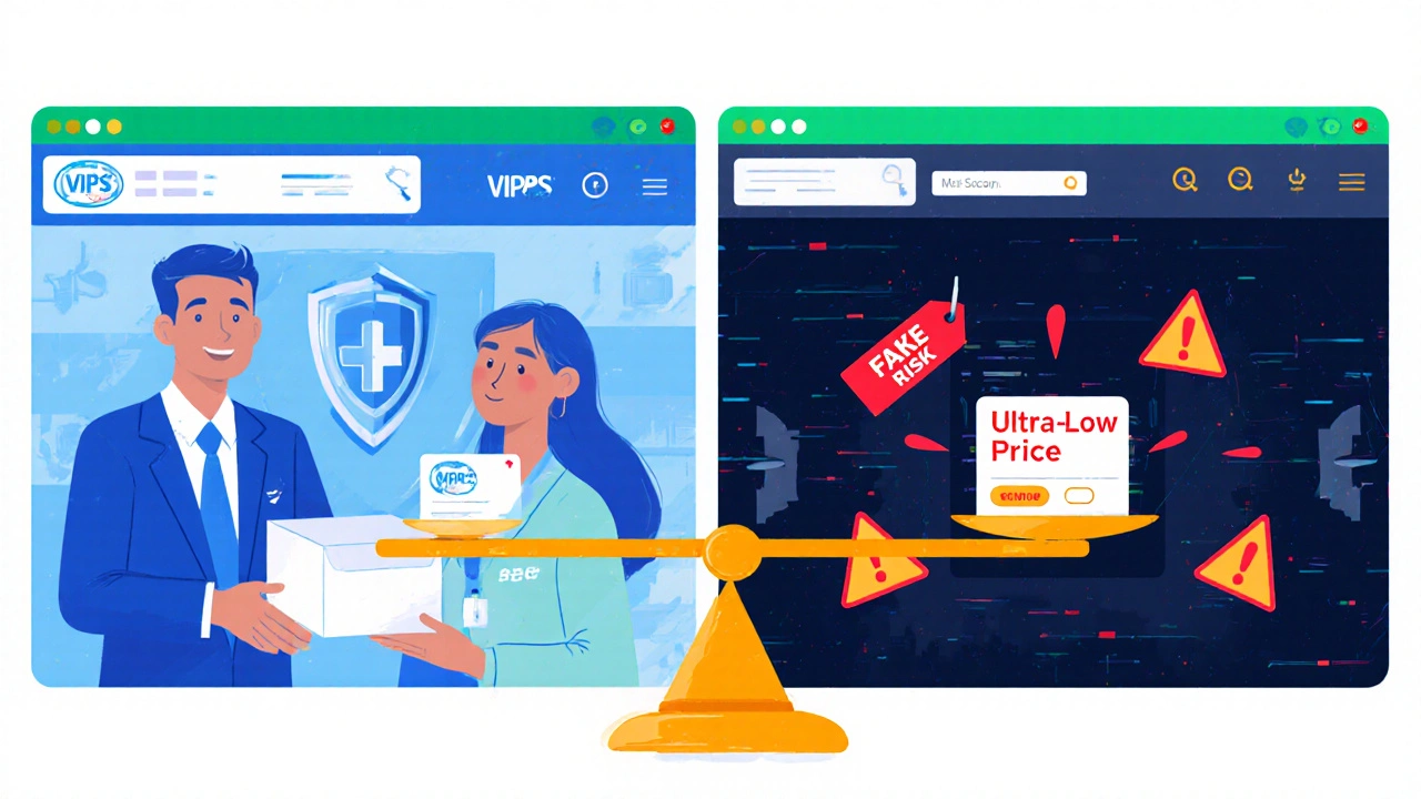 Illustration contrasting a trusted pharmacy portal with a shady website, emphasizing safety.