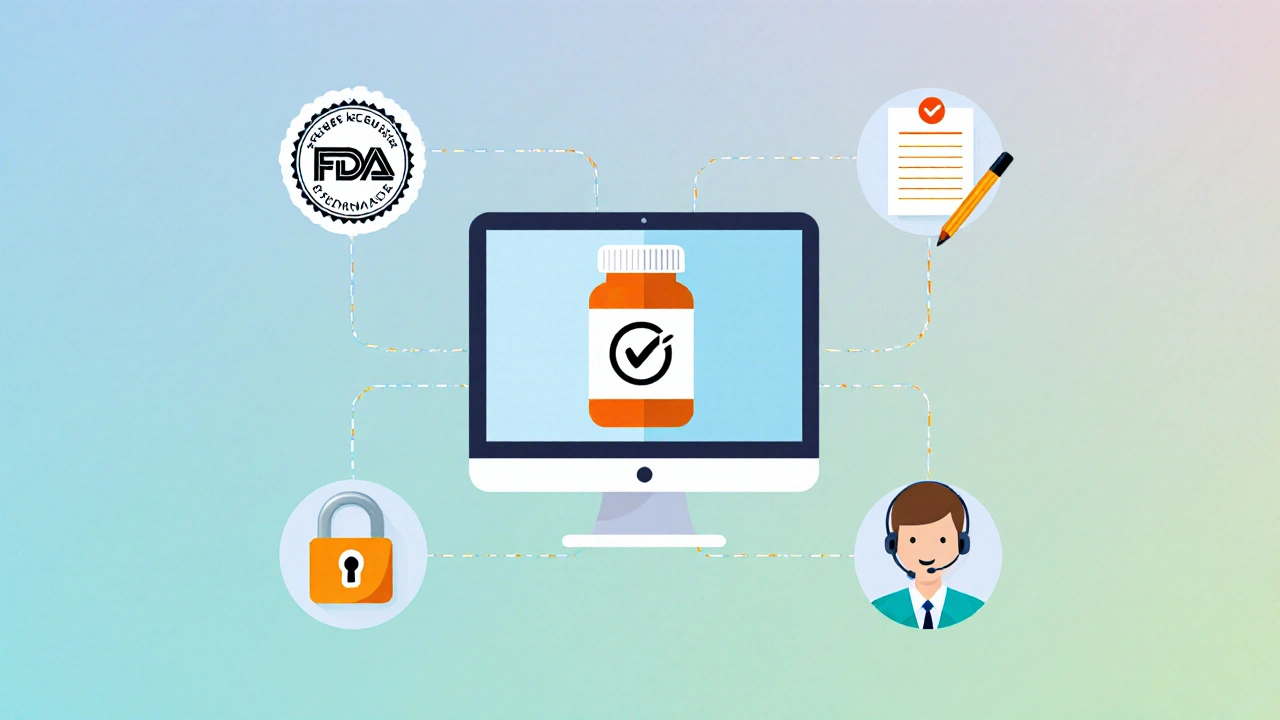 Illustration showing icons for FDA seal, prescription, secure lock, and pharmacist.