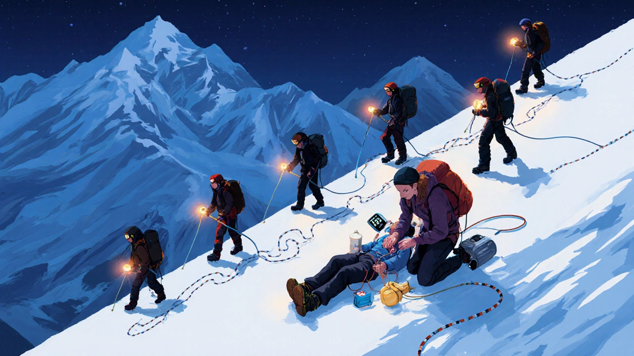 Isometric illustration of a guide giving dexamethasone to a confused climber during a descent.