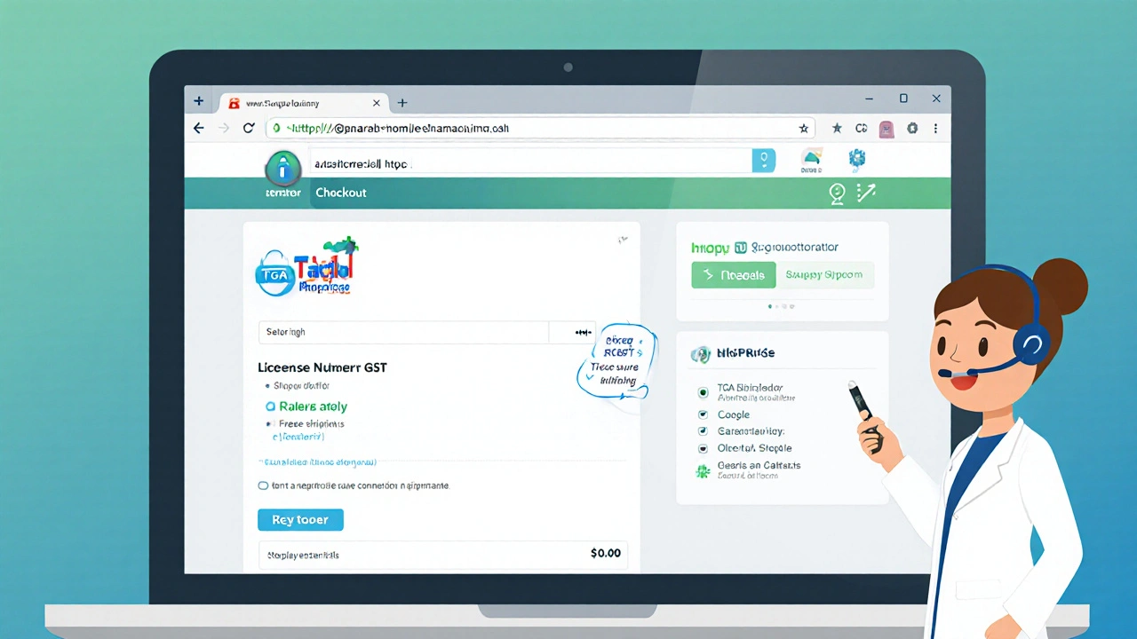 Laptop screen showing secure pharmacy checkout with TGA logo and safety checklist icons.