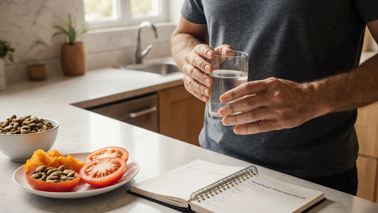 Middle‑aged man practicing pelvic floor exercises while drinking water and holding tomatoes.
