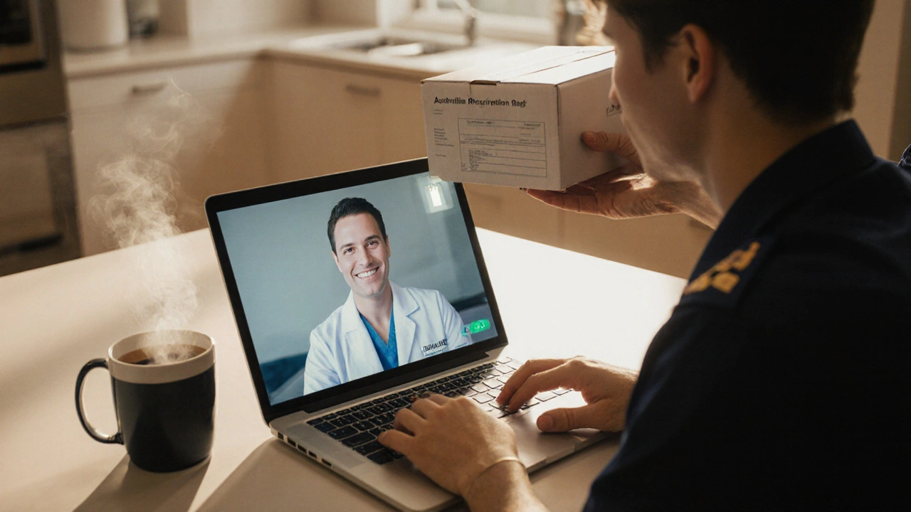 Person video‑chatting with a doctor while a prescription appears and a parcel is delivered.