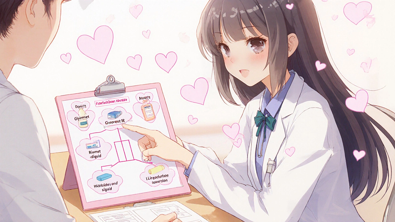 Protagonist smiles at a doctor who points to a decision guide, with floating icons of medication options.