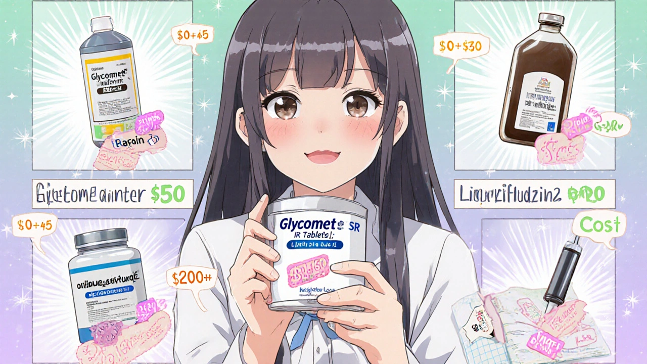 Shoujo manga panel showing Glycomet SR tablet beside other diabetes meds with price tags and benefit icons.