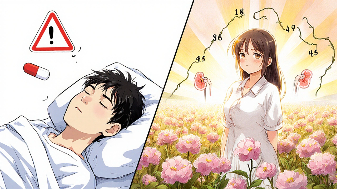 Split scene: sick person with pill floating away versus healed person standing in kidney-shaped flowers.