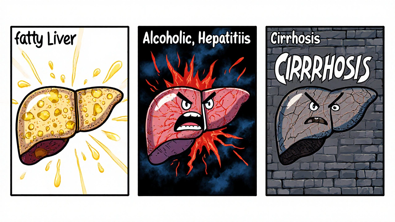 Three comic frames showing fatty liver, inflamed hepatitis, and scarred cirrhosis.