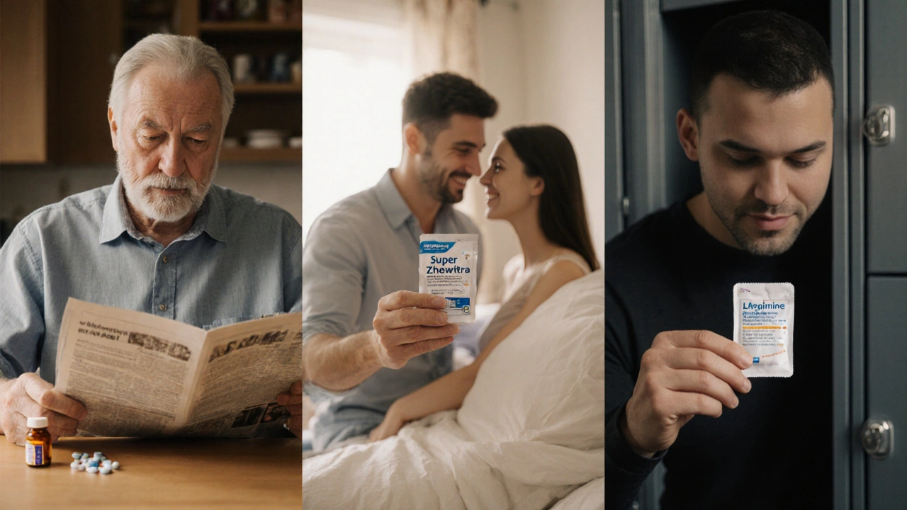 Three lifestyle scenes showing different medication choices.