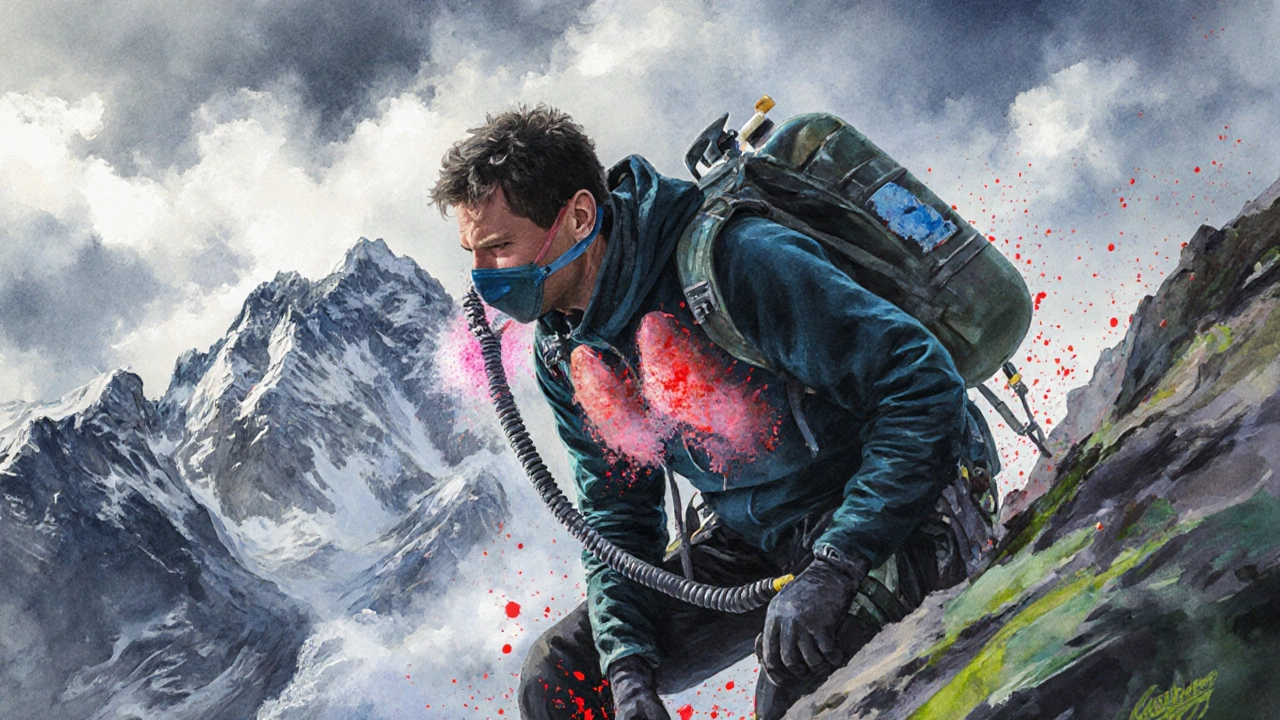 Watercolor painting of a solo climber gasping with frothy sputum and an oxygen mask at 4,500 m.
