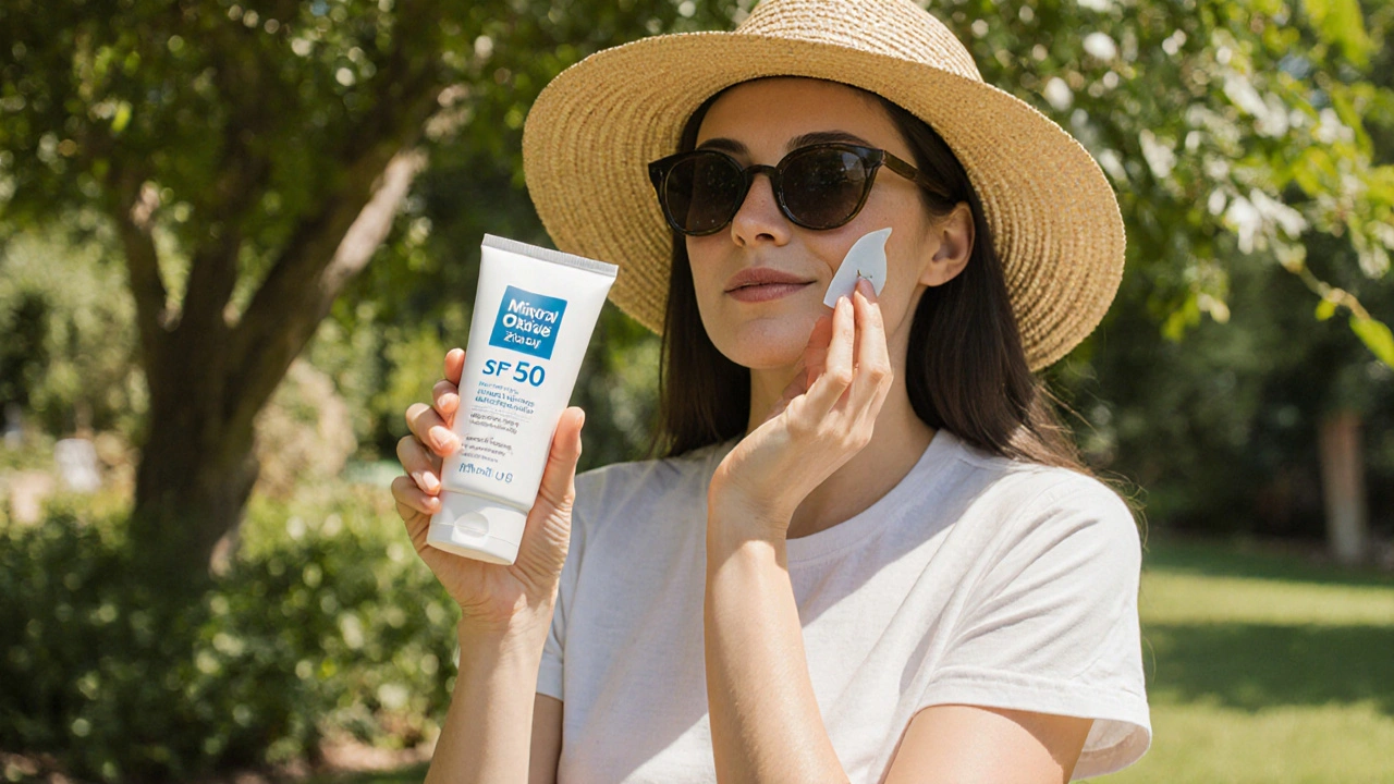 Woman applying mineral sunscreen while wearing hat, sunglasses, and UPF shirt.