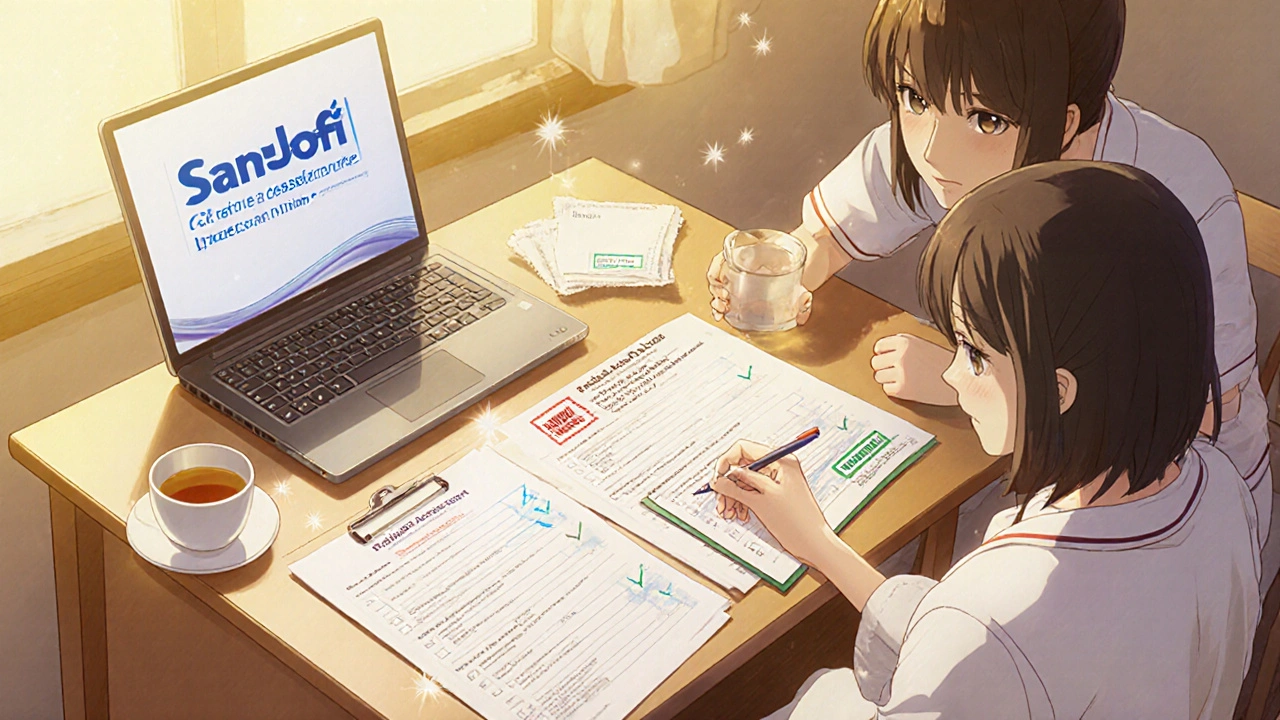 Woman at a desk completing a Sanofi assistance application with a helpful friend.