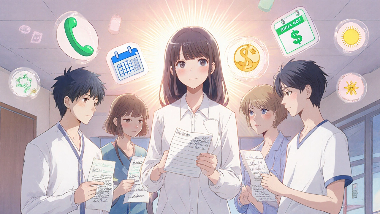 A counselor guides patients in a community center, surrounded by floating icons of appeals, discounts, and hope.