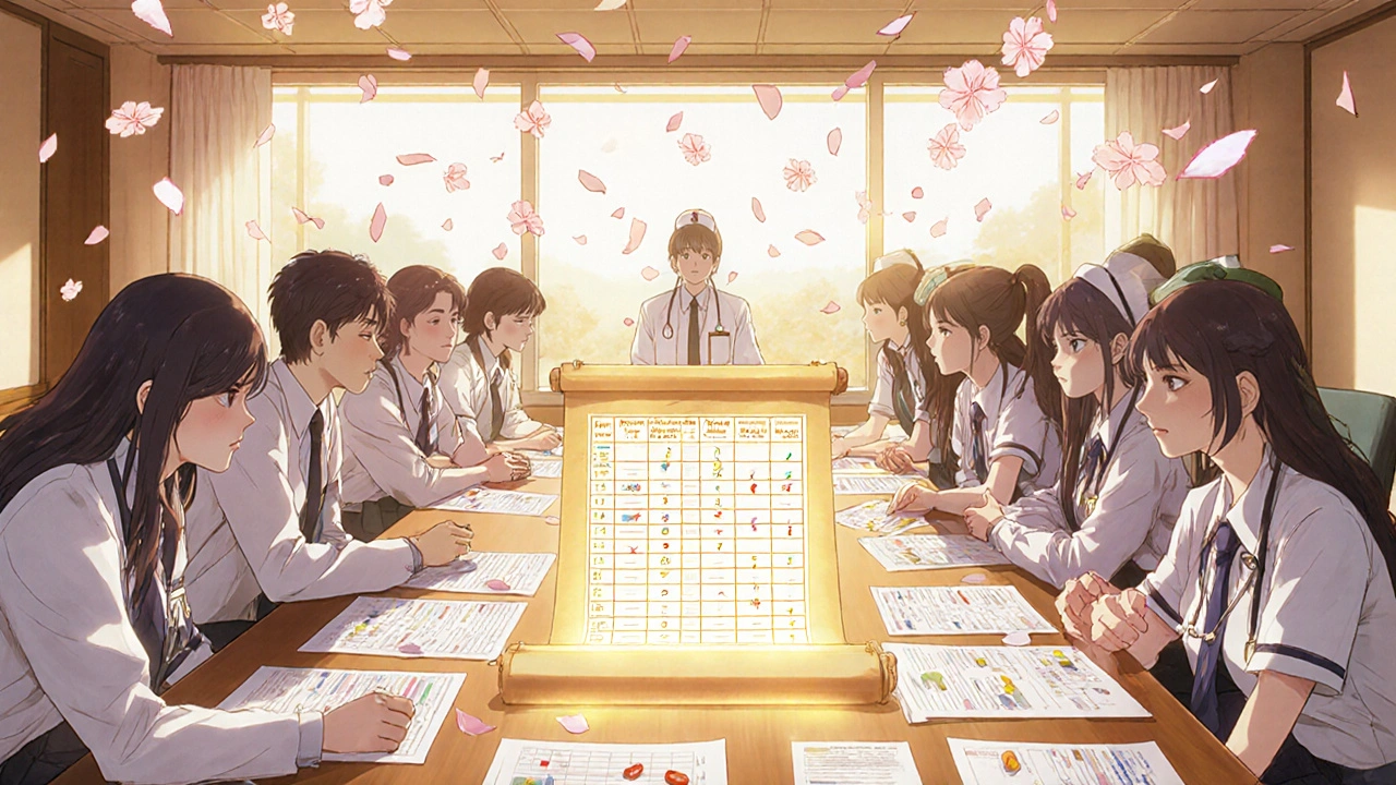 A diverse medical team reviews clinical data around a glowing formulary list in a sunlit conference room.