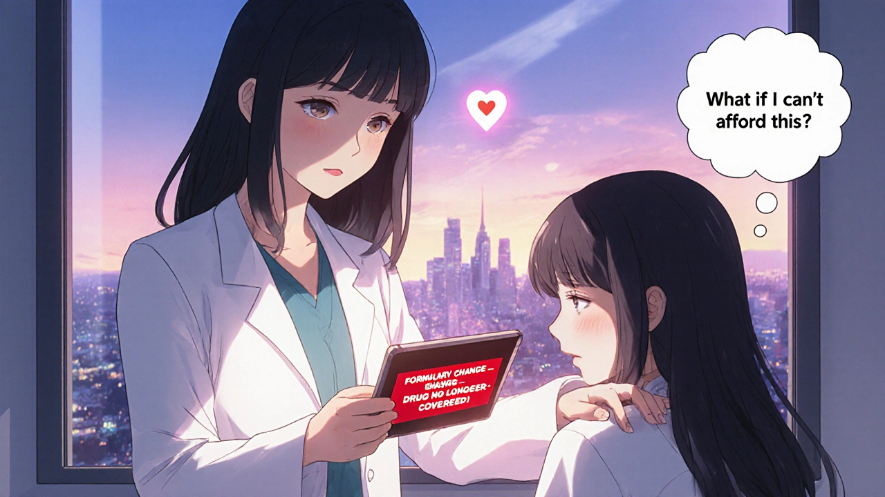 A doctor comforts a patient in a clinic as a tablet displays a drug coverage alert, their hands linked under soft twilight light.