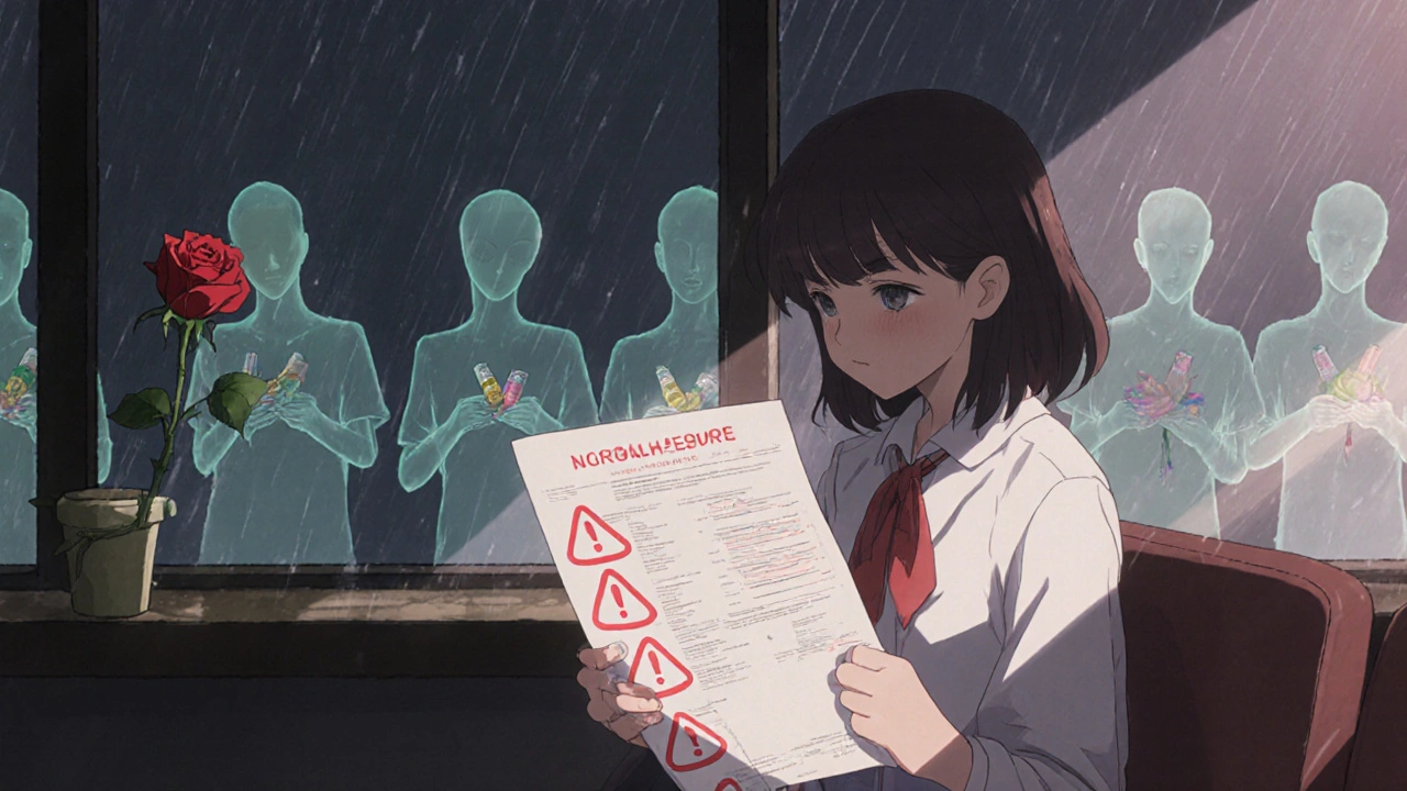 A girl in a hospital waiting room staring at a lab report with red warnings, rain streaking the window behind her.