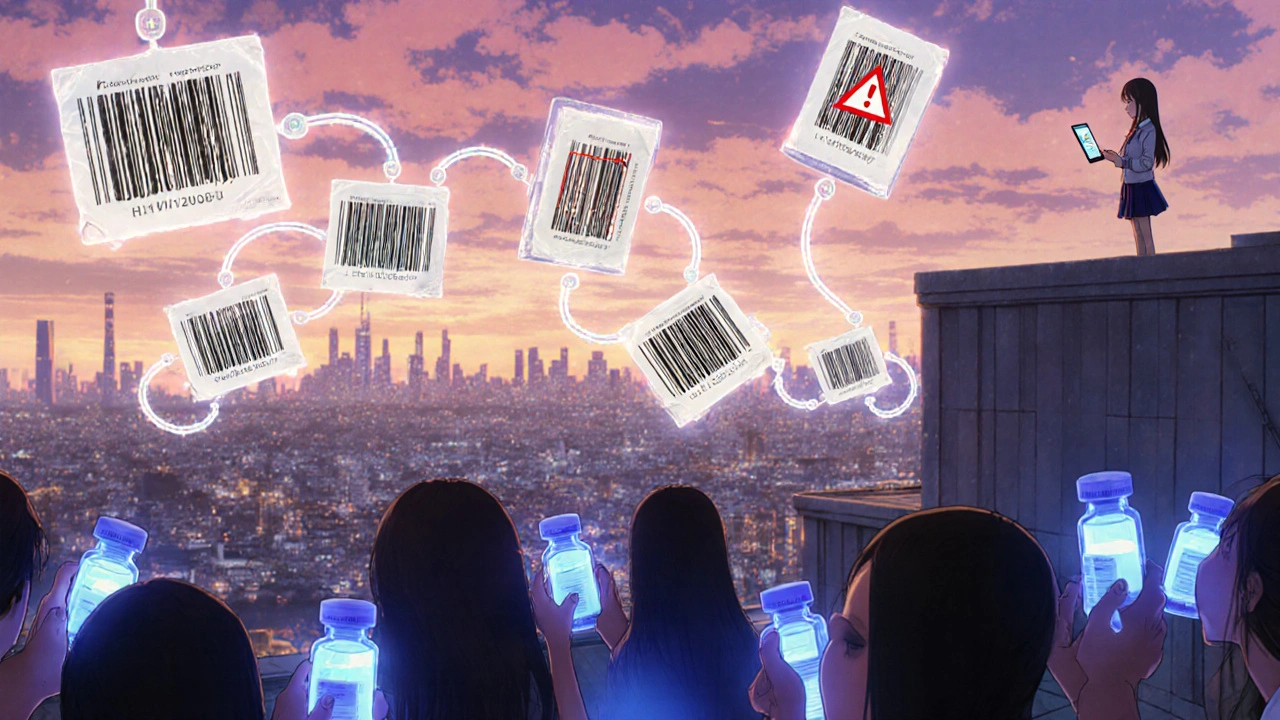 A girl stands on a rooftop as digital barcodes spiral through the city, one flagged as unverified, lit by the glow of UV lights below.