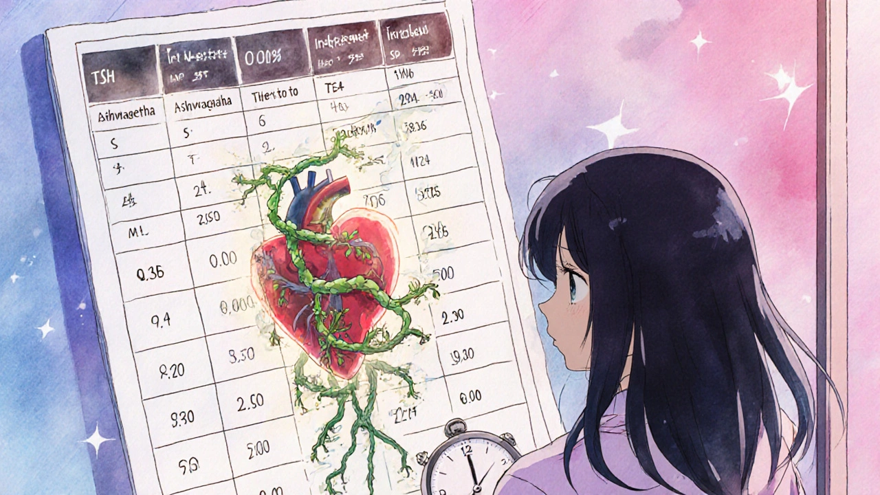 A glowing thyroid gland entangled by a vine-like herb, with soaring lab values floating around it.