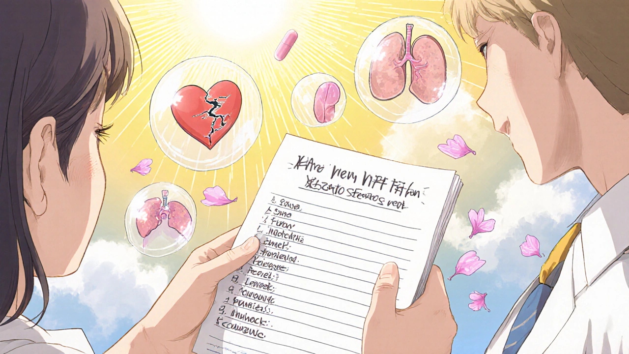 A handwritten medication list with symbolic icons of organ damage dissolving into petals, reaching toward a pharmacist in warm sunlight.