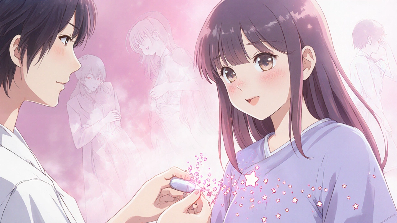 A nurse giving a suppository to a patient, with glowing stars symbolizing relief and fading symptoms.