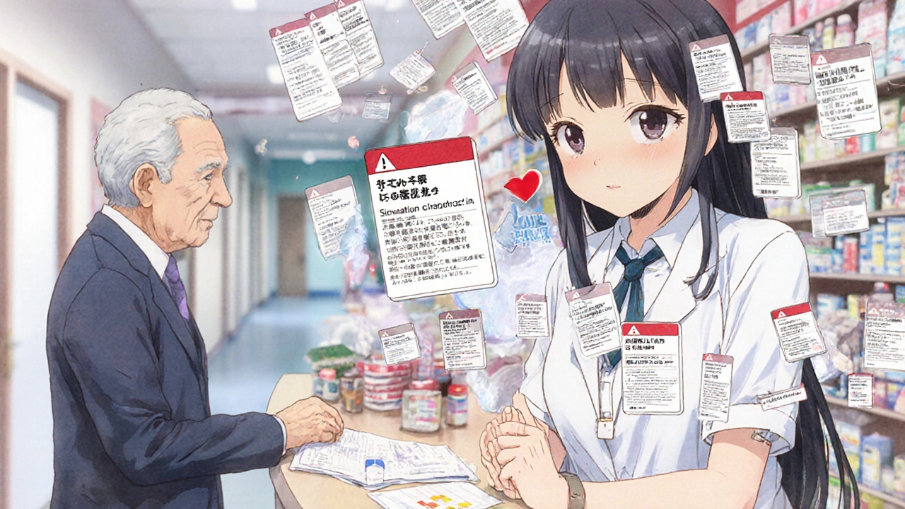 A overwhelmed pharmacist surrounded by digital alerts, with one deadly drug combo pulsing red as an elderly man waits quietly.