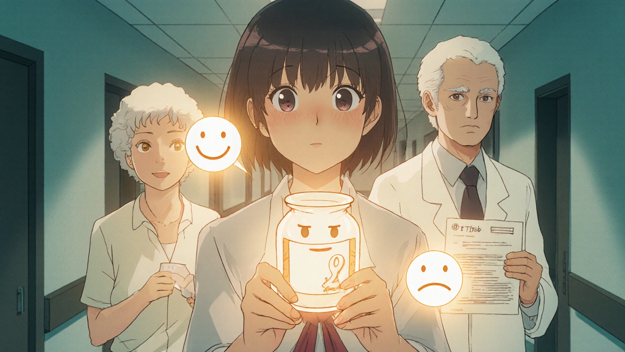 A patient contemplates two paths of medication options, one affordable and one expensive, with a TI Letter glowing between them.