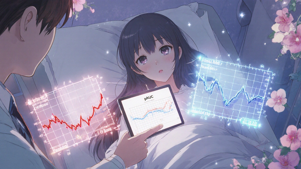 A patient surrounded by floating drug release timelines connected to a heart monitor.