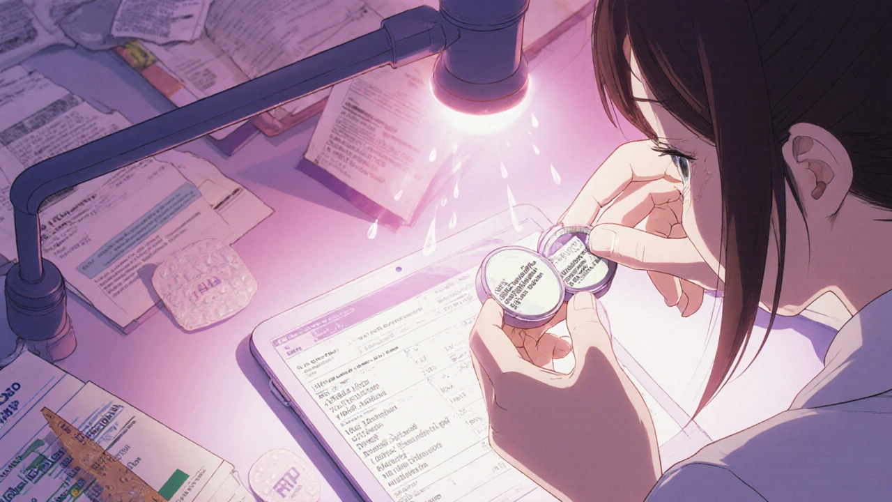 A pharmacist&#039;s hands compare two similar generic pills under a magnifying lamp with reference books around.