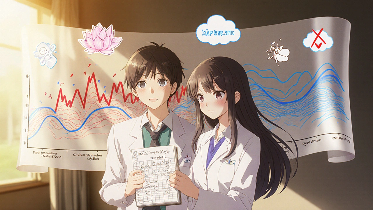 A pharmacist and patient reviewing INR logs, with a timeline showing drug effects, safer alternatives glowing softly behind them.