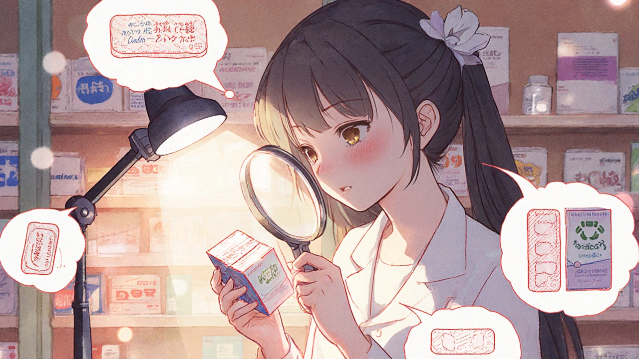 A pharmacist compares two medicine packages side by side, with glowing details highlighting subtle packaging differences.